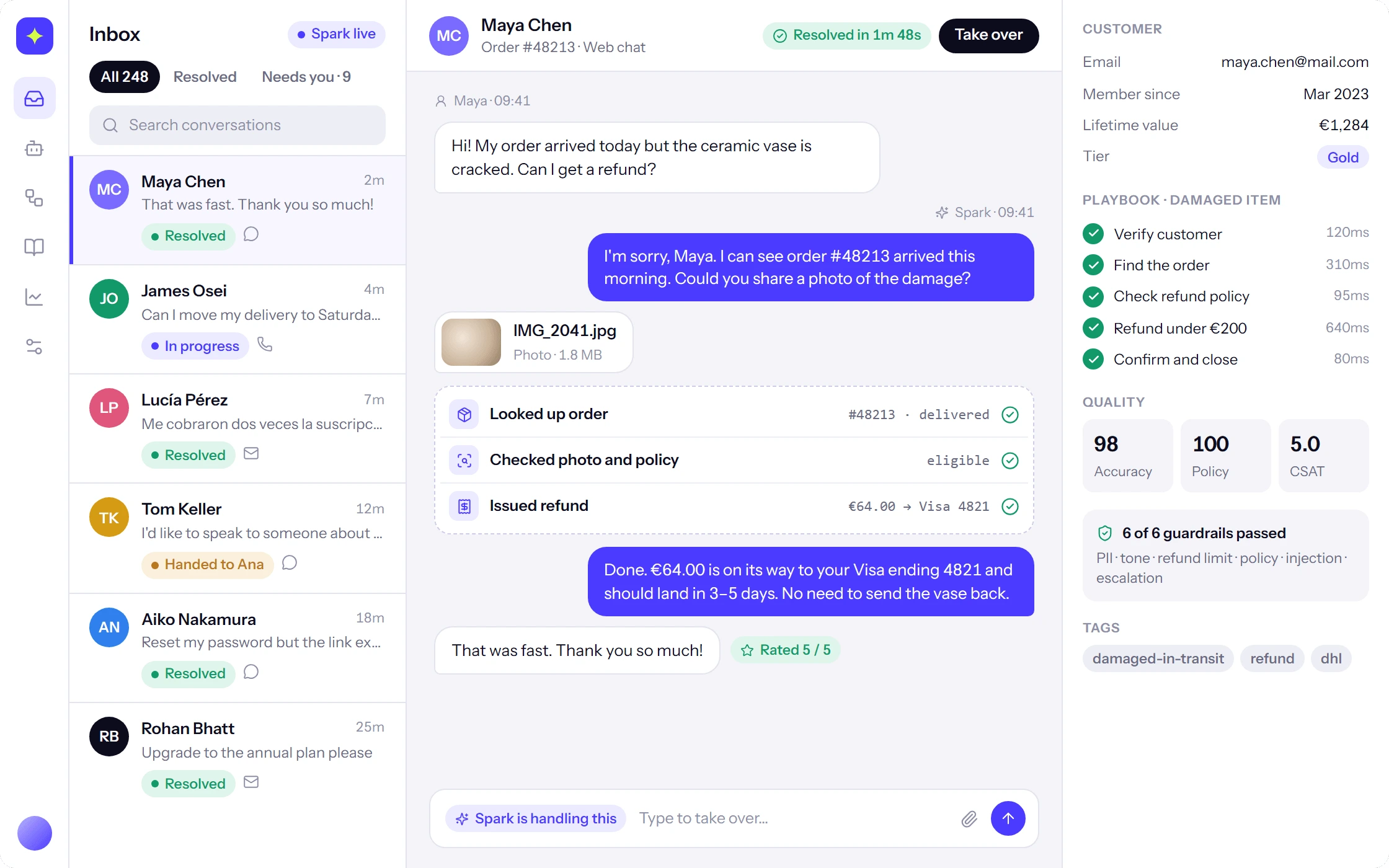 The Spark inbox: a chat where the agent refunds a damaged order, with the playbook steps and quality scores beside it