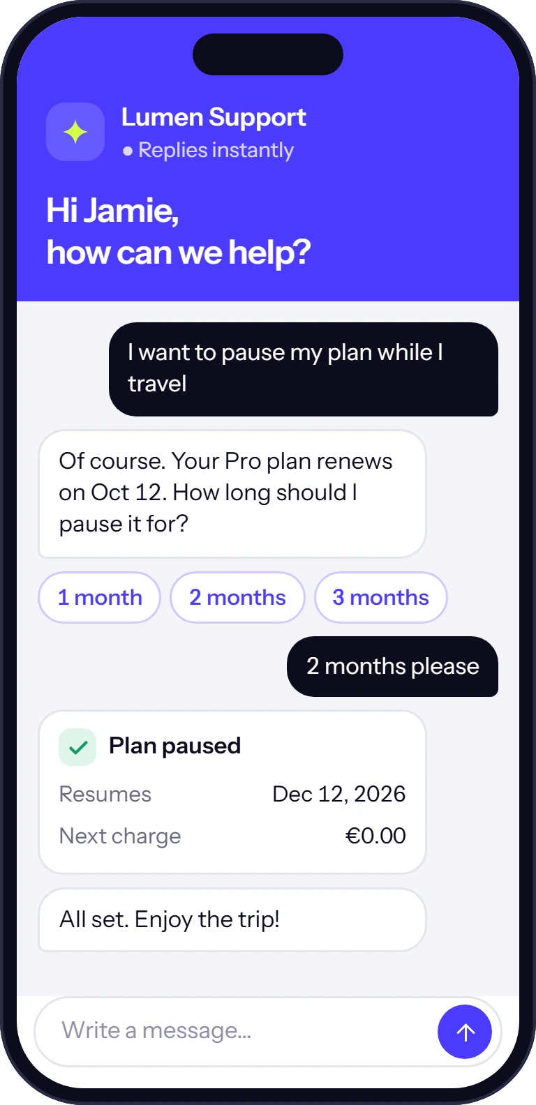 The Spark chat widget on a phone, pausing a customer's plan in four messages